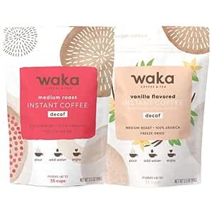 Waka Quality Instant Coffee — Decaffeinated Vanilla Flavored and Unflavored Decaf Instant Coffee Bundle — 100% Arabica Freeze Dried Beans — No Sugar Added & Unsweetened — Each Bulk Bag Includes 3.5 oz