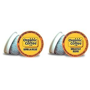 The Organic Coffee Co. Gorilla DECAF 80 Ct Natural Water Processed Medium Light Roast Compostable Coffee Pods & Breakfast Blend 36 Ct Medium Light Roast Compostable Coffee Pods