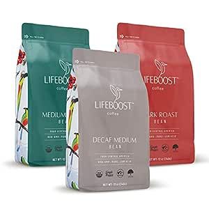 Lifeboost Coffee Whole Bean Coffee - 3 Pack Bundle - Low Acid Dark Roast, Medium Roast & Decaf