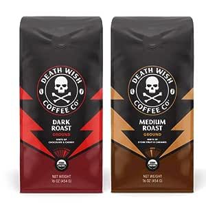 DEATH WISH COFFEE - Ground Coffee Bundle, Includes 1 Pack of Dark Roast (16 oz) and 1 Pack of Medium Roast (16 oz)