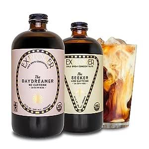 Explorer Cold Brew Coffee Concentrate Bundle | Organic Decaf and Low Caffeine | Gluten Free Instant Liquid Mix | Iced or Hot | 1:4 Super Concentrated