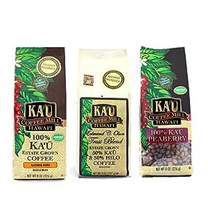 Ka`u Coffee Experience, 3 Pack Single Origin Hand Picked Peaberry, Trust Blend, Natural Dark Roast