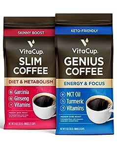 VitaCup Genius & Slim Ground Coffee Bundle (2 Pack) Vitamin Infused for Drip Coffee Brewers & French Press