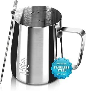 FlamGen Milk Frothing Pitcher with Stainless Steel 304, 12oz/350ml, Espresso Steaming Pitcher with Tick Mark, Decorating Art Pen, 16PCS Coffee Decorating Stencils for Cappuccino Latte Art