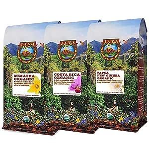 Java Planet Organic Coffee Dark Roast 3 Pack Variety Set - Sumatra, Costa Rica and Papua New Guinea Single Origin Organic Certified Whole Bean Coffee