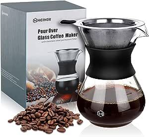 HEIHOX Pour Over Coffee Maker Set 14 oz Pour Over Coffee Dripper with Paperless Reusable Stainless Steel Cone Filter, Glass Coffee Carafe with Protective Silicone Sleeve