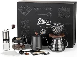Bincoo Pour Over Coffee Maker with Dripper 9-piece Set,Include Coffee Manual Grinder 600ML Gooseneck Kettle Coffee Cleaning Tools Utensils Outdoor Equipment Coffee Gift Set