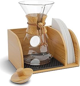HEXNUB – Caddy and Lid for Pour Over Coffee Makers, Bamboo Stand fits Chemex, Bodum, Cosori Carafes, Heatproof Mat, Filter Holder for Coffee Brewing - Black