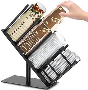WOWOO Metal Cup and Lid Holder, Coffee Cup Holder Organizer with Rubber Bands, 4 Compartment Cup Dispenser Cup Holder Storage, Matte Black