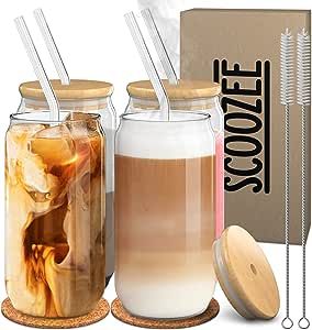 Scoozee Glass Cups with Lids and Straws, Set of 4, 18 oz, Drinking Glasses with Bamboo Lids and Glass Straws | Tumbler for Iced Coffee, Tea | Aesthetic Ice Coffee Cup Housewarming Home Essentials